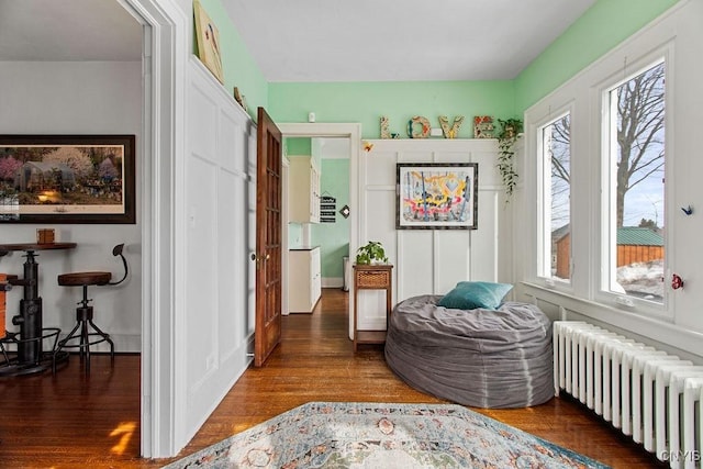 living area featuring radiator heating unit, wood finished floors, and plenty of natural light