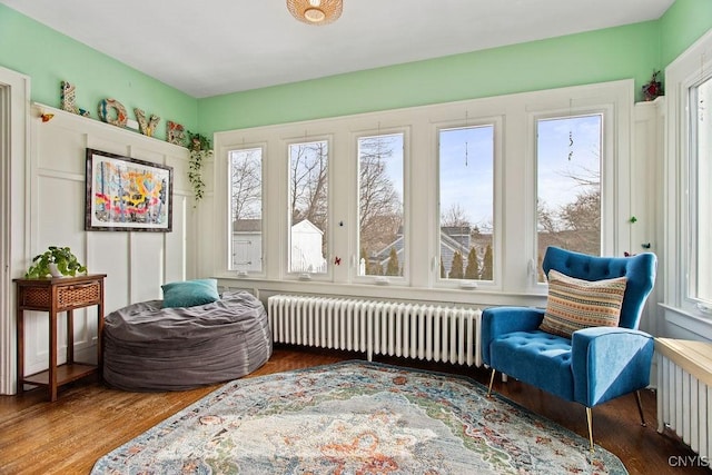 living area featuring radiator heating unit and wood finished floors