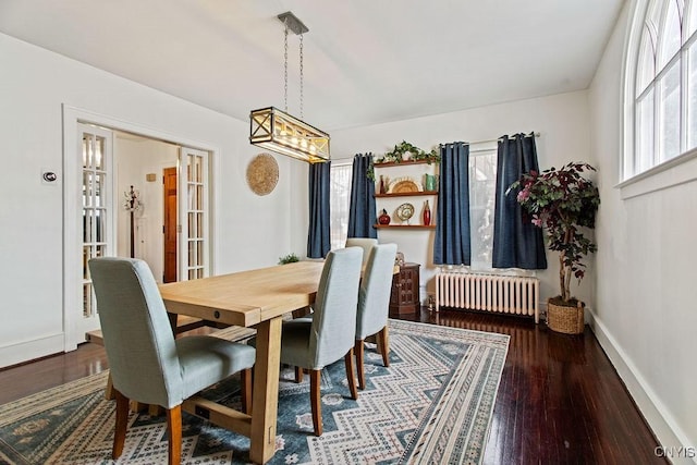 dining area featuring a notable chandelier, radiator, wood finished floors, and baseboards