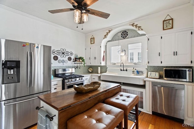 kitchen with a sink, backsplash, appliances with stainless steel finishes, crown molding, and ceiling fan