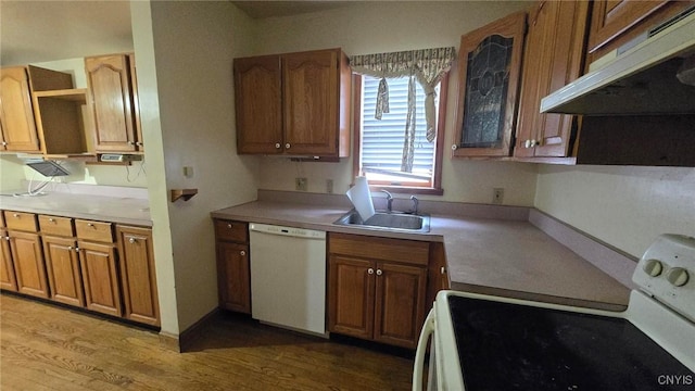 kitchen featuring brown cabinets, under cabinet range hood, a sink, wood finished floors, and white appliances