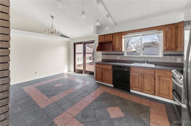 kitchen with tasteful backsplash, black dishwasher, vaulted ceiling, an inviting chandelier, and a sink