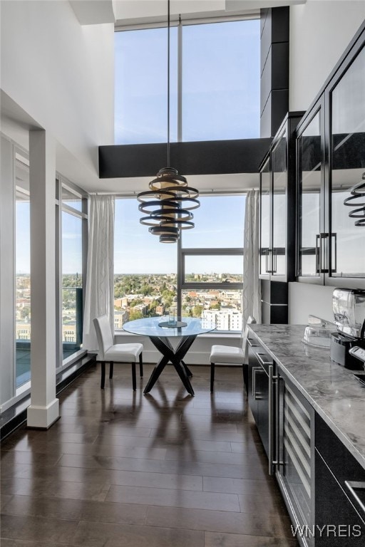 interior space with a chandelier, a high ceiling, and dark wood-style floors