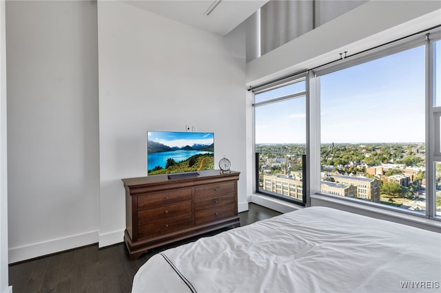 bedroom featuring dark wood-type flooring, a high ceiling, baseboards, and multiple windows