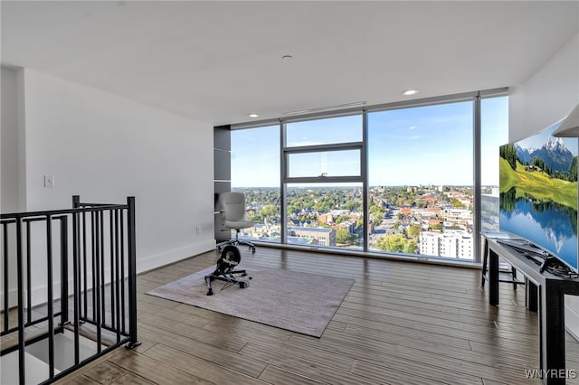office area featuring a wall of windows, recessed lighting, wood finished floors, and baseboards