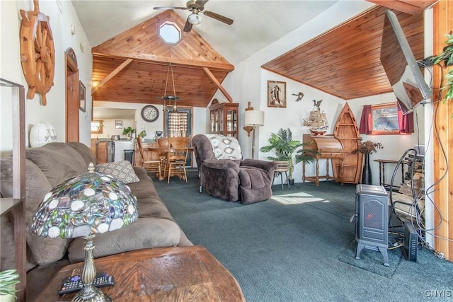 carpeted living area with lofted ceiling, a wood stove, wood ceiling, and ceiling fan