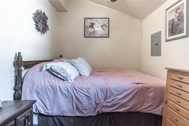 bedroom with electric panel and vaulted ceiling