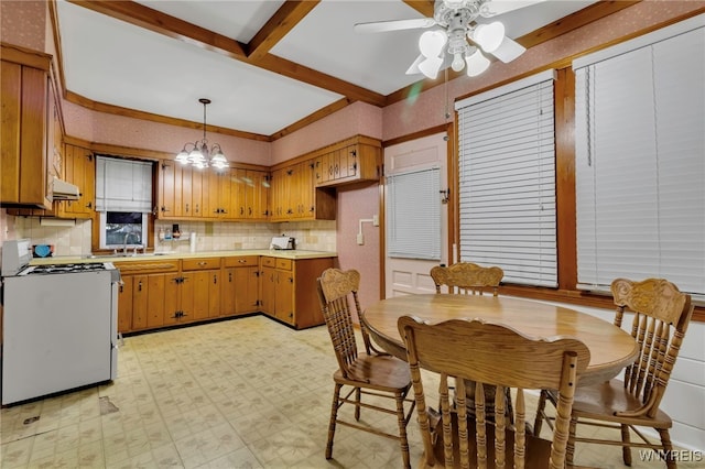 dining room featuring beamed ceiling, ceiling fan with notable chandelier, and light floors