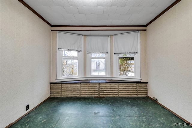 spare room featuring baseboards, a wealth of natural light, and ornamental molding