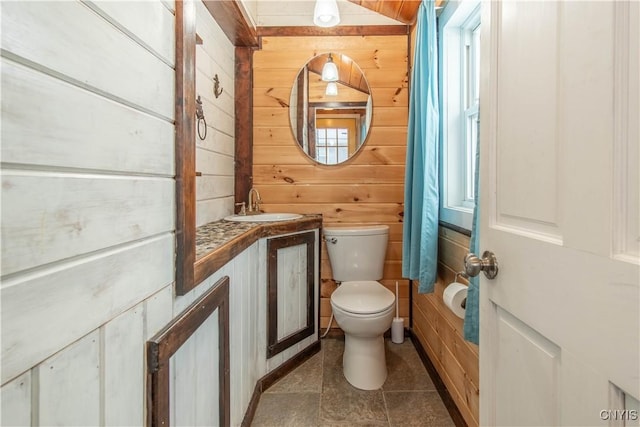 bathroom featuring vanity, wooden walls, and toilet