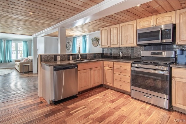 kitchen featuring a sink, appliances with stainless steel finishes, and light brown cabinetry