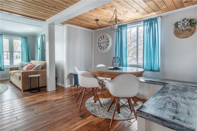 dining area with plenty of natural light, wood ceiling, and wood finished floors