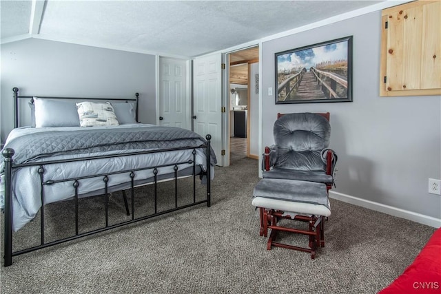 carpeted bedroom with a textured ceiling, baseboards, and vaulted ceiling