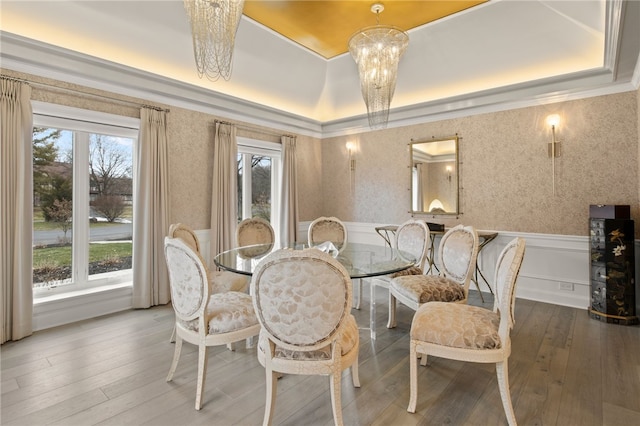 dining area featuring a tray ceiling, a healthy amount of sunlight, and a wainscoted wall