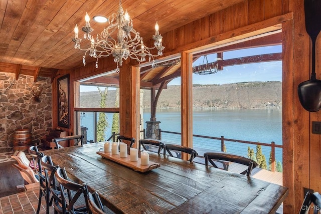 dining space with a water view, wooden walls, wood ceiling, and an inviting chandelier