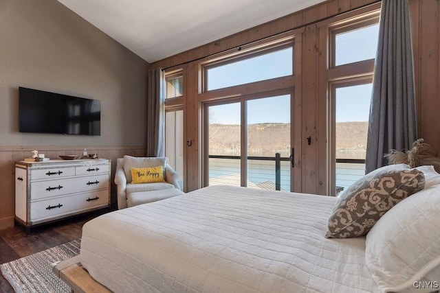 bedroom featuring access to exterior, dark wood-style floors, a wainscoted wall, and vaulted ceiling