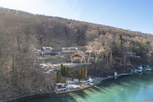 aerial view featuring a view of trees and a water view