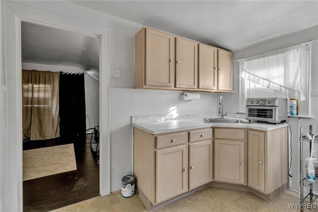 kitchen featuring a sink, light brown cabinetry, and light countertops