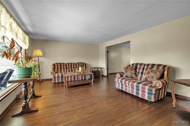 living room with baseboards and wood finished floors