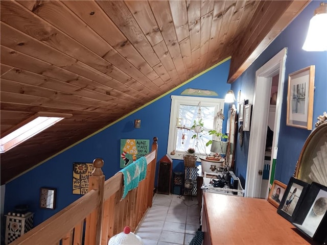 tiled office space featuring vaulted ceiling, wood ceiling, and ornamental molding