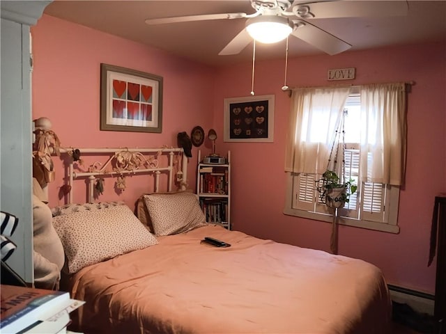 bedroom with a ceiling fan and baseboard heating