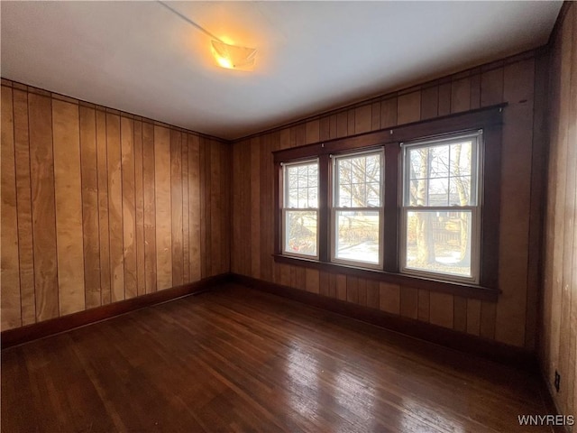 spare room featuring plenty of natural light, dark wood-type flooring, and baseboards