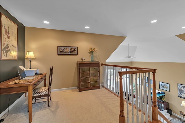 office area with light carpet, recessed lighting, baseboards, and ceiling fan