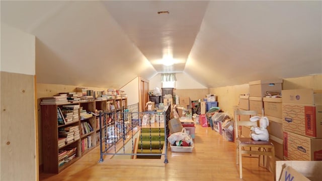 interior space featuring lofted ceiling, wood finished floors, and washer / dryer