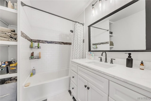 full bath with vanity and shower / bath combo with shower curtain