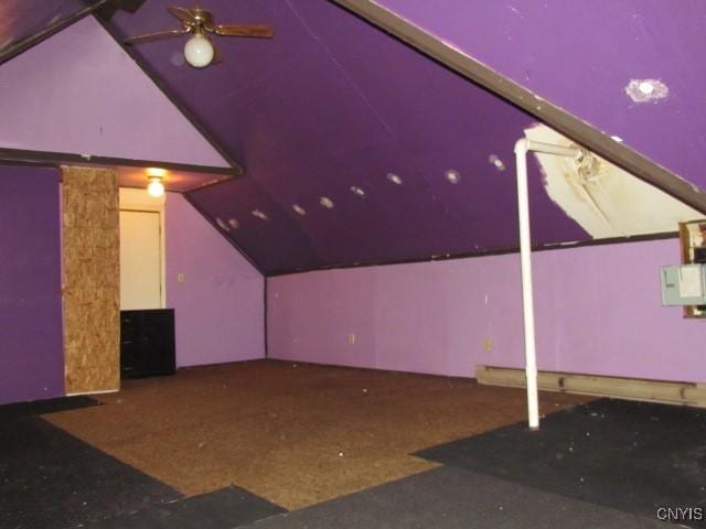 bonus room featuring a ceiling fan and lofted ceiling