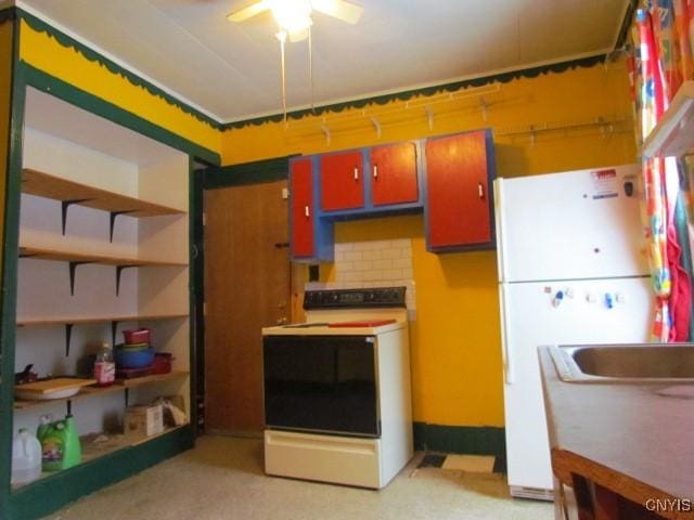 kitchen featuring decorative backsplash, white appliances, open shelves, and ceiling fan