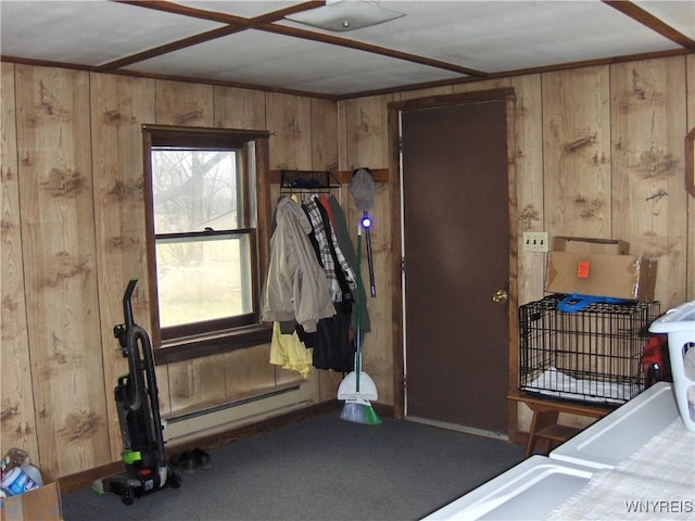 interior space featuring baseboard heating and wood walls