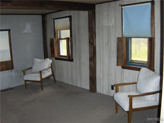 living area with visible vents, carpet, and wooden walls