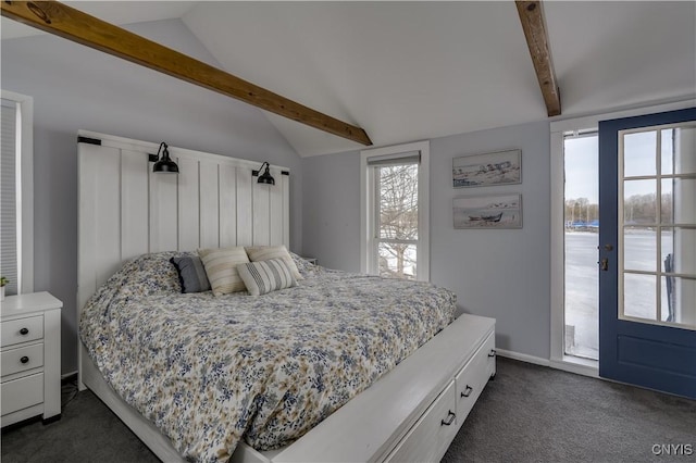 bedroom with lofted ceiling with beams, access to exterior, dark colored carpet, and baseboards