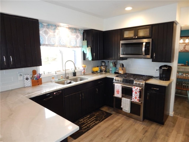 kitchen with light wood-style flooring, appliances with stainless steel finishes, dark cabinetry, and a sink