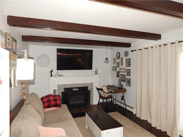 living room with beamed ceiling, a glass covered fireplace, and a baseboard radiator