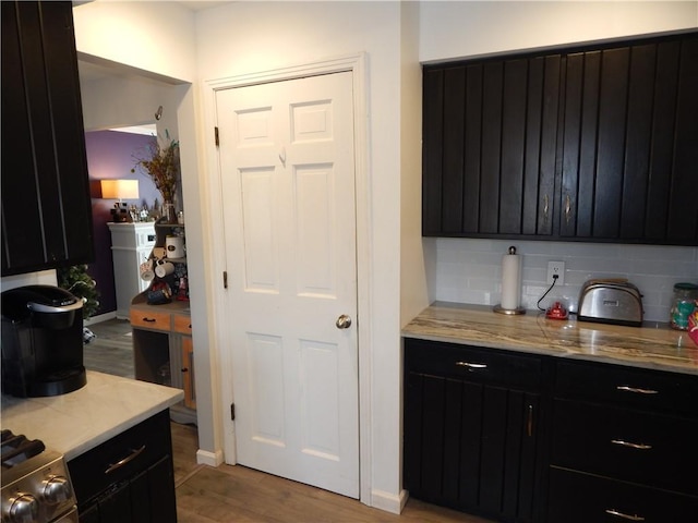 kitchen with tasteful backsplash, dark cabinetry, baseboards, and wood finished floors