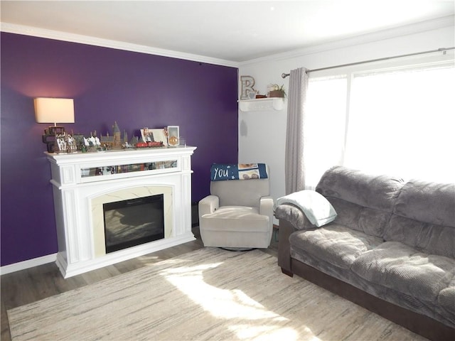 living area with a glass covered fireplace, crown molding, baseboards, and wood finished floors