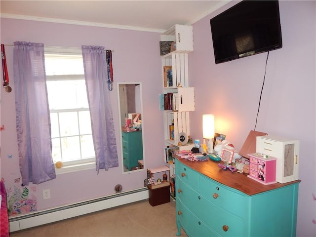 bedroom with carpet floors, baseboard heating, and ornamental molding