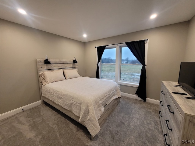 carpeted bedroom with recessed lighting and baseboards