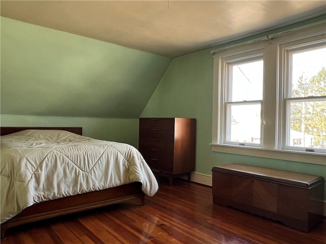 bedroom with lofted ceiling, multiple windows, wood finished floors, and baseboards