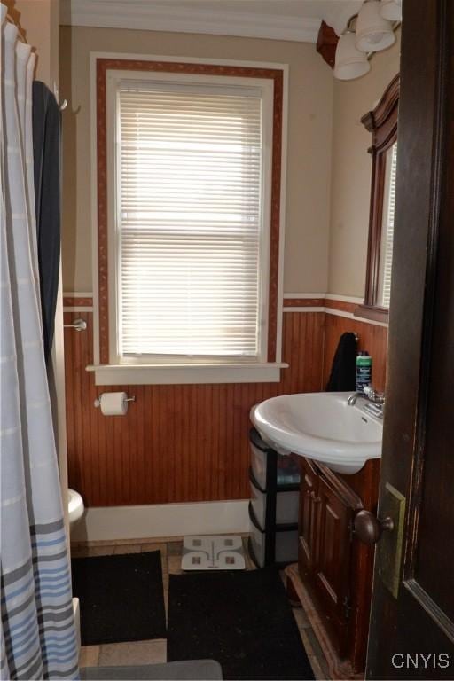 full bathroom with a wainscoted wall, vanity, and wooden walls