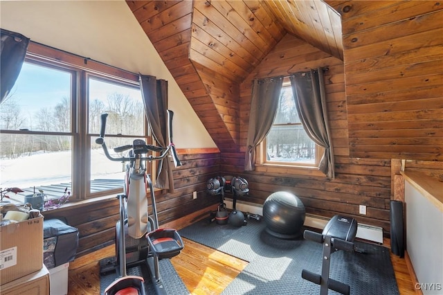 workout area with wood finished floors, lofted ceiling, wood ceiling, and wood walls