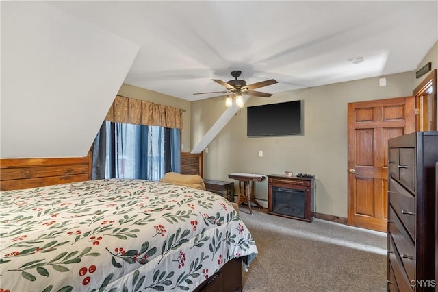 bedroom featuring carpet flooring, a ceiling fan, and baseboards