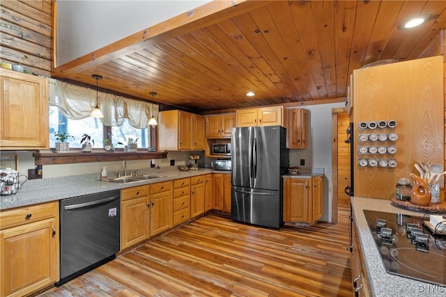 kitchen featuring a sink, light wood-style flooring, black appliances, and wooden ceiling