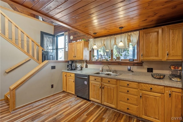 kitchen with a sink, light countertops, wood ceiling, light wood-style floors, and dishwasher