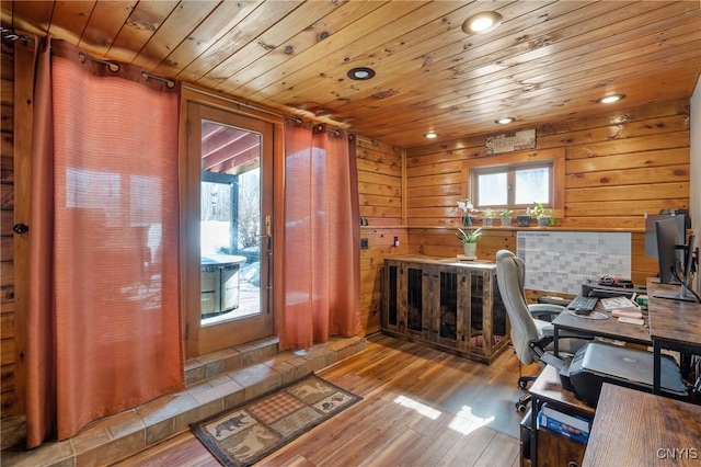 office area with recessed lighting, wooden walls, wood ceiling, and wood finished floors