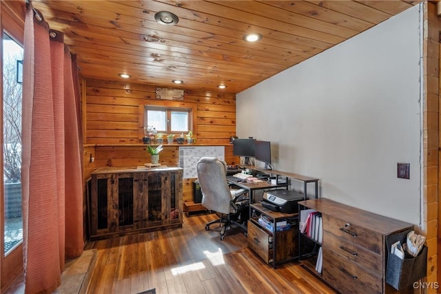 office area with recessed lighting, wood ceiling, and wood finished floors