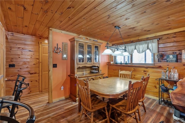 dining room featuring wooden walls, wood ceiling, and wood finished floors