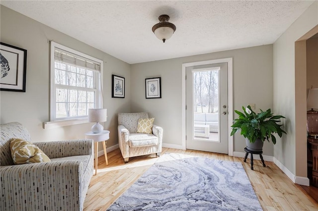 sitting room featuring wood finished floors, baseboards, and a textured ceiling